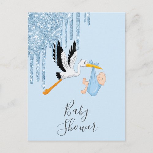 Blue glitter stork baby boy shower invitation postcard