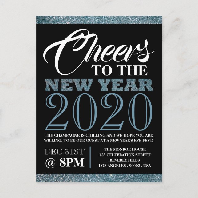 Blue Glitter Stripes, New Year Invitation Postcard (Front)