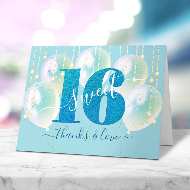 Blue Glitter Sweet 16 Birthday Balloons Bold Girly Thank You Card (Creator Uploaded)