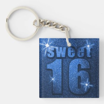 Blue Glitter Sweet 16 Birthday Keychain by youreinvited at Zazzle