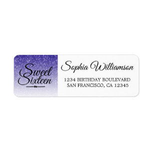 Blue Glitter Sweet 16 Birthday Return Address Label