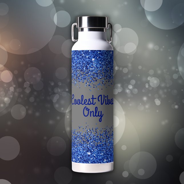 Blue Glitter & Text on Grey- Coolest Vibes Only | Water Bottle (Creator Uploaded)