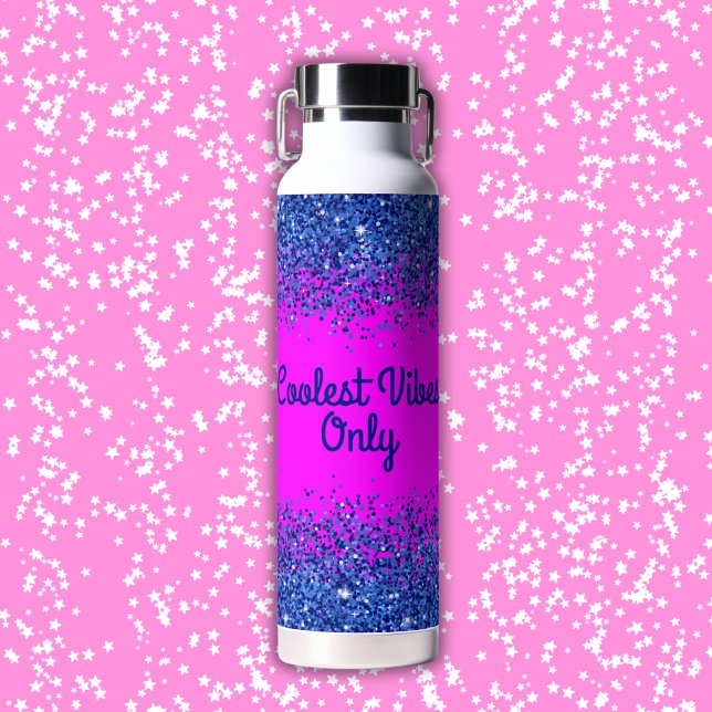 Blue Glitter & Text on Pink- Coolest Vibes Only | Water Bottle (Creator Uploaded)