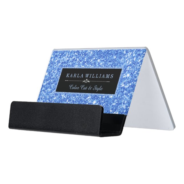 Blue Glitter Texture Black Accent Desk Business Card Holder (Angled Front)