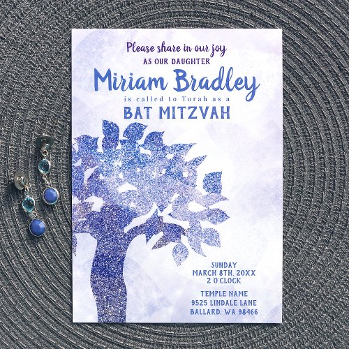 Blue Glitter Tree Bat Mitzvah Invitation