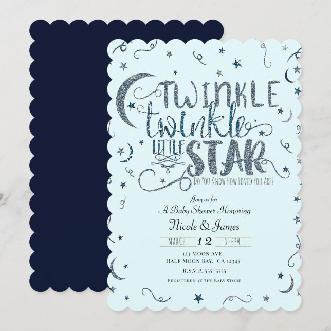 Blue Glitter Twinkle Little Star Baby Shower Invitation (Front/Back)