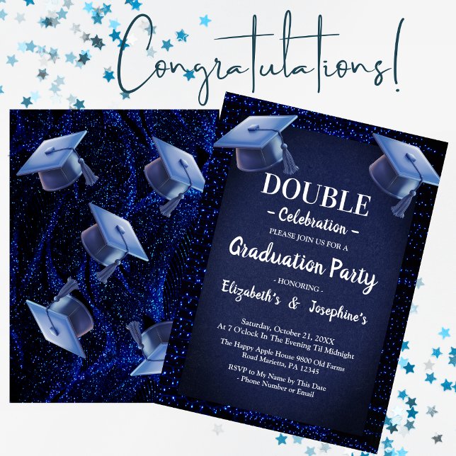 Blue Glitter Two Graduates Double Graduation Party Invitation (Creator Uploaded)