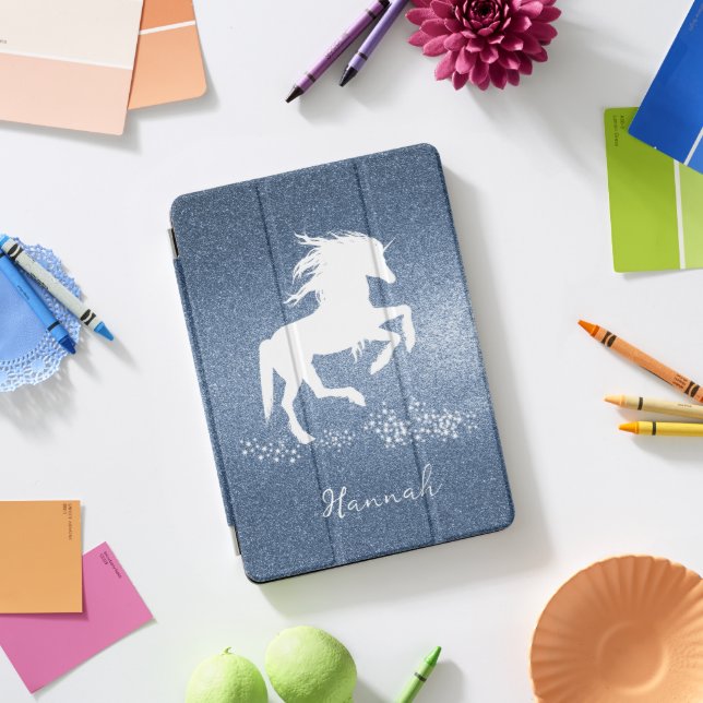 Blue Glitter Unicorn iPad Pro Cover (Desk)