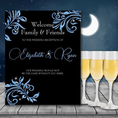 Blue Glitter Vine Swirls Sparkle Wedding Welcome  Poster