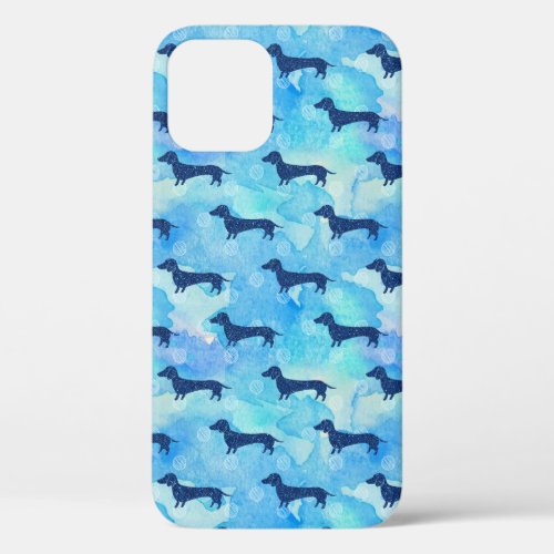 Blue Glitter Watercolor Dachshund Pattern Adult Cl iPhone 12 Case