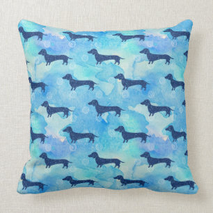 Blue Glitter Watercolor Dachshund Pattern Throw Pillow