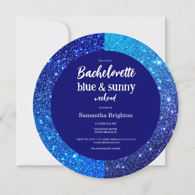 Blue Glitter Weekend Bachelorette Round Invitation (Front)