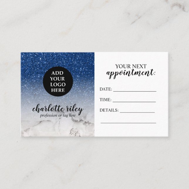 Blue Glitter white Marble Cursive Add your Logo Business Card (Front)