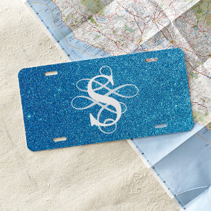 Blue Glitter White Swirly Initial Monogram License Plate