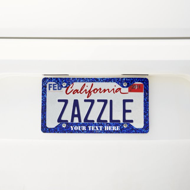 Blue glitter with custom text license plate frame (On Car)