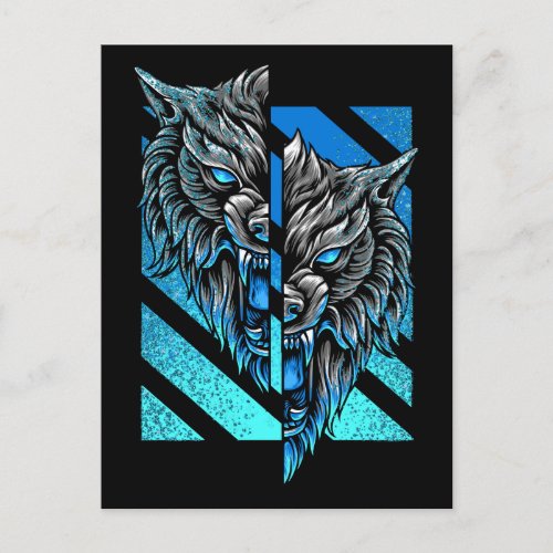 Blue Glitter Wolf Head art Postcard