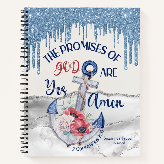 Blue Glitter Yes And Amen 2 Corinthians 1:20 Bible Notebook (Front)