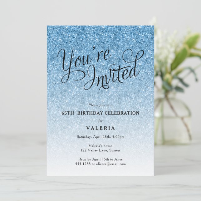 Blue Glitter You're Invited Party Invitation (Standing Front)