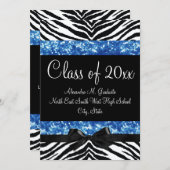 Blue Glitter Zebra Bow Graduation Invite (Front/Back)