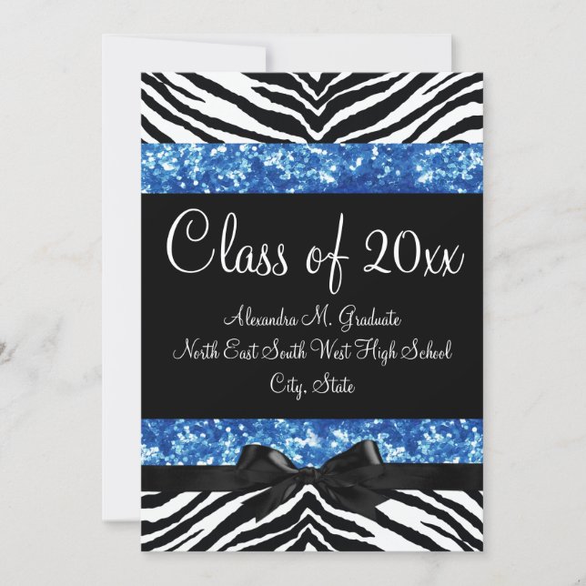 Blue Glitter Zebra Bow Graduation Invite (Front)
