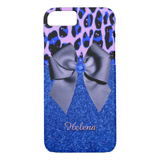 Blue Glitters and Leopard Print iPhone 7 Case