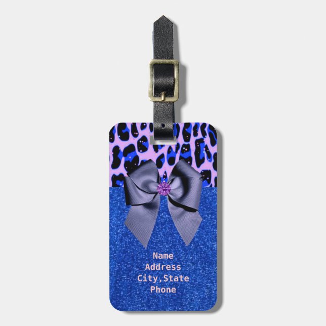 Blue Glitters and Leopard Print Luggage Tag (Front Vertical)
