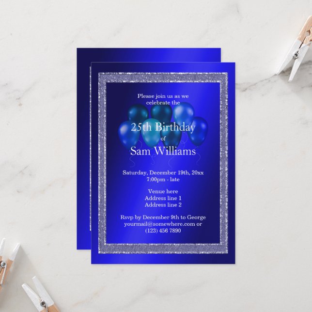 Blue Glitters & Birthday Balloons Invitation (Front/Back In Situ)