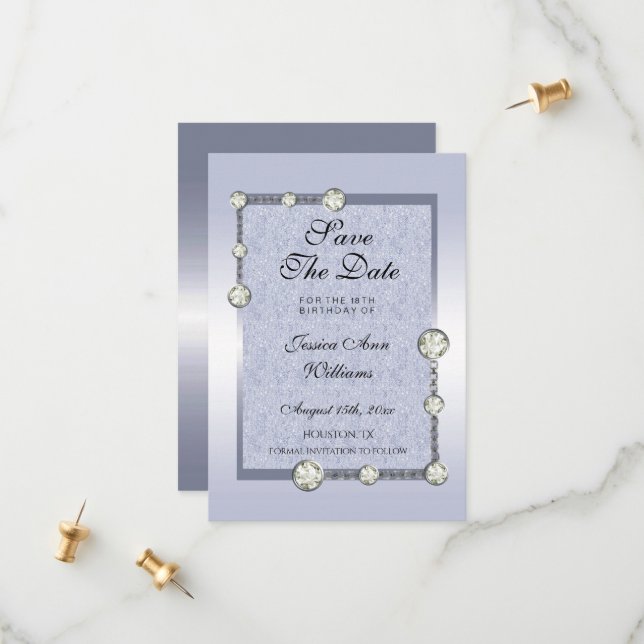 Blue Glitters & Diamond Decoration Birthday  Save The Date (Front/Back In Situ)