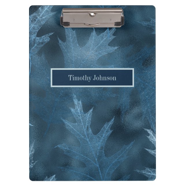 Blue Glittery Oak Leaves Clipboard (Front)