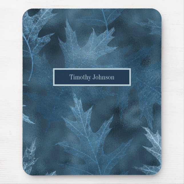 Blue Glittery Oak Leaves Mouse Pad (Front)