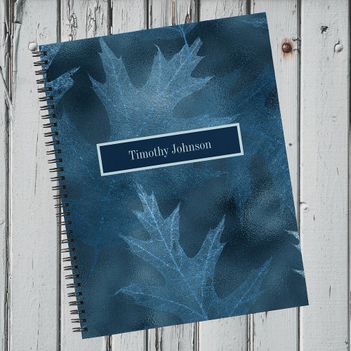 Blue Glittery Oak Leaves Notebook