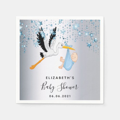 Blue glittery stars stork boy baby shower napkins