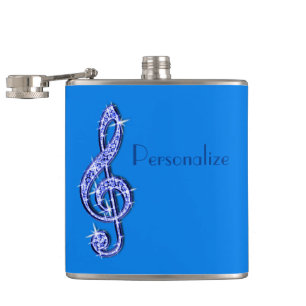 Blue Glitzy Sparkly Music Notes Flask