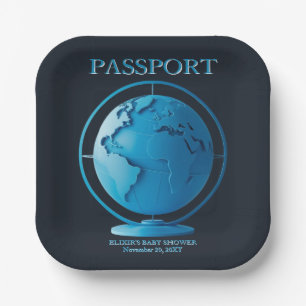 Blue Globe Passport Travel Baby Shower Paper Plates