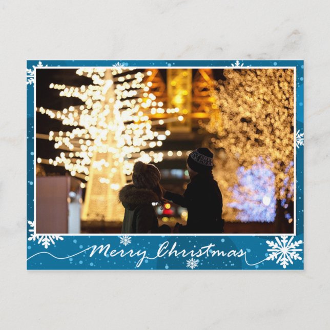 Blue Glossy Snow Flakes Photo Christmas Postcard (Front)