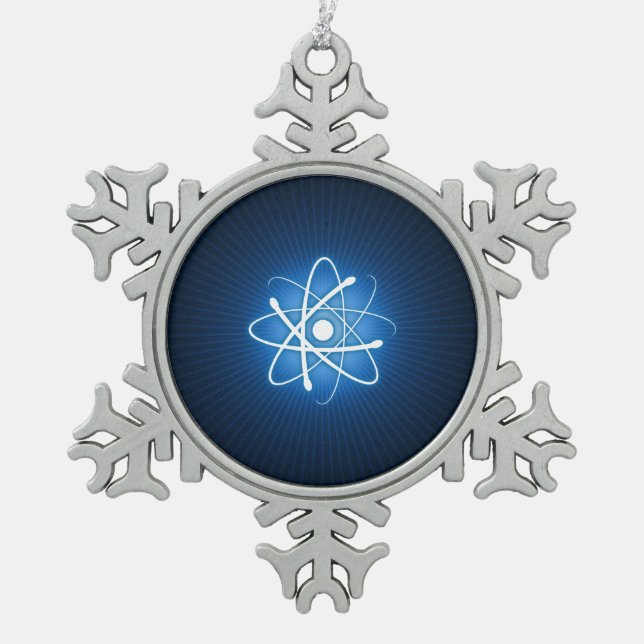 Blue Glow Atom Nerd Snowflake Pewter Christmas Ornament (Front)