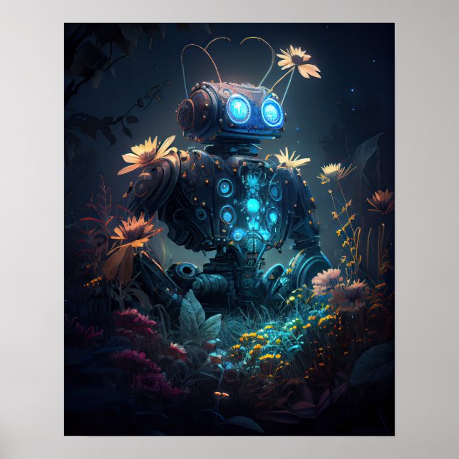 Blue Glow Bot & Flowers Poster (Front)