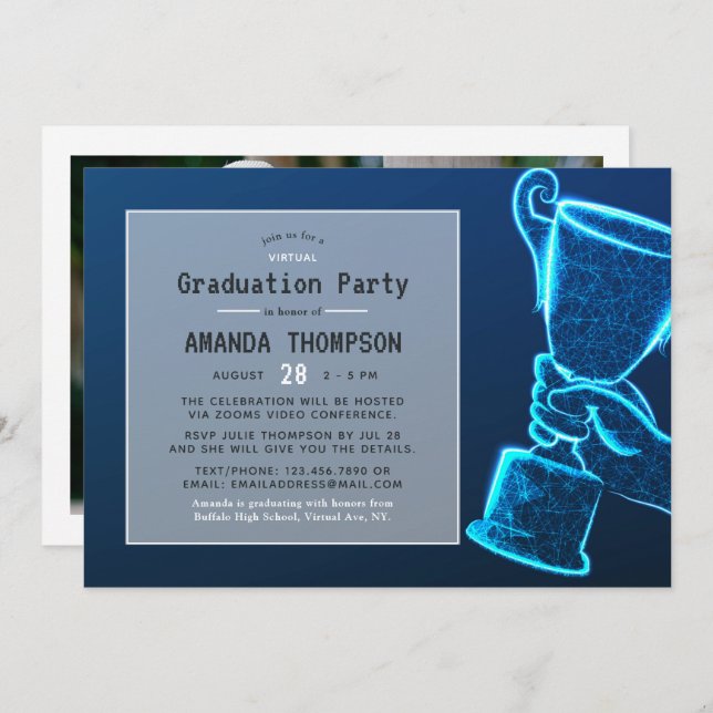 Blue Glow Futuristic Virtual Graduation Party Invitation (Front/Back)