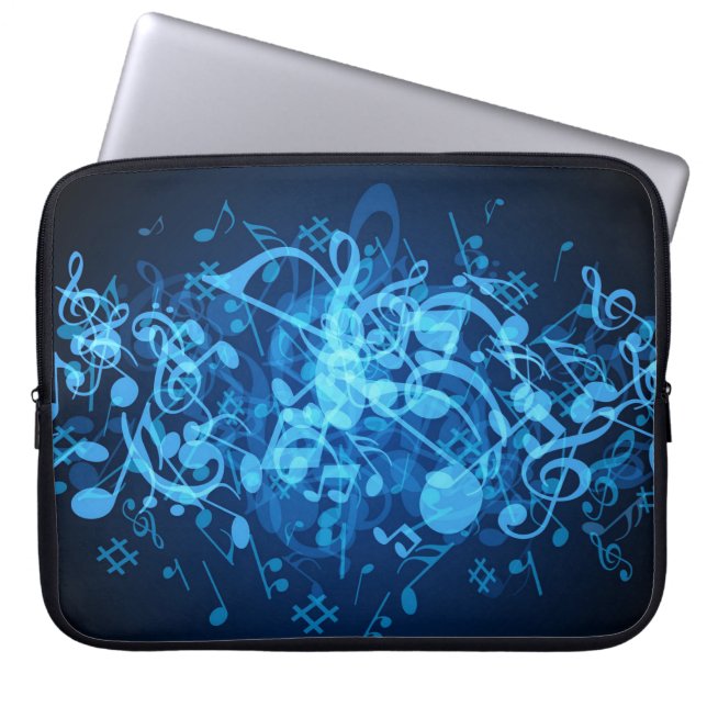 Blue Glow Music Notes Pattern Laptop Sleeve (Front)