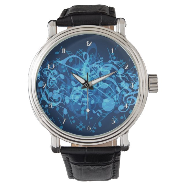 Blue Glow Music Notes Pattern Wrist Watch (Front)