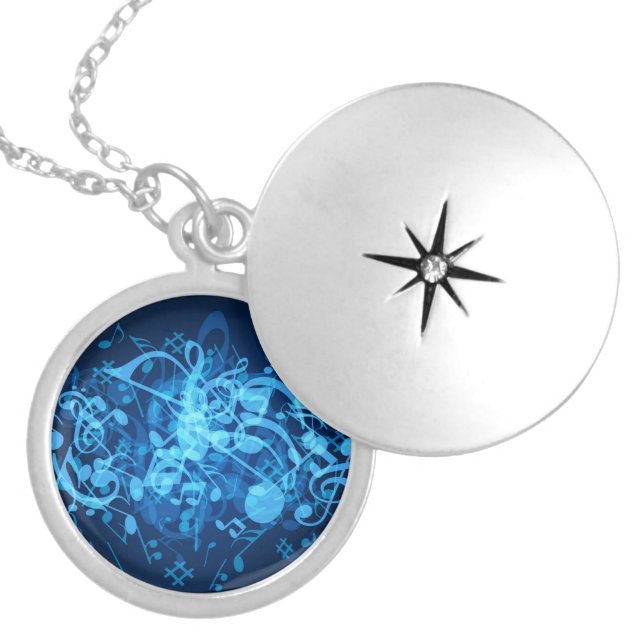 Blue Glow Music Notes Silver Locket Necklace (Front)
