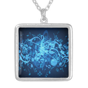 Blue Glow Music Notes Square Necklace