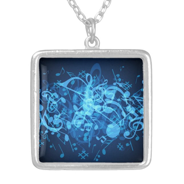 Blue Glow Music Notes Square Necklace (Front)