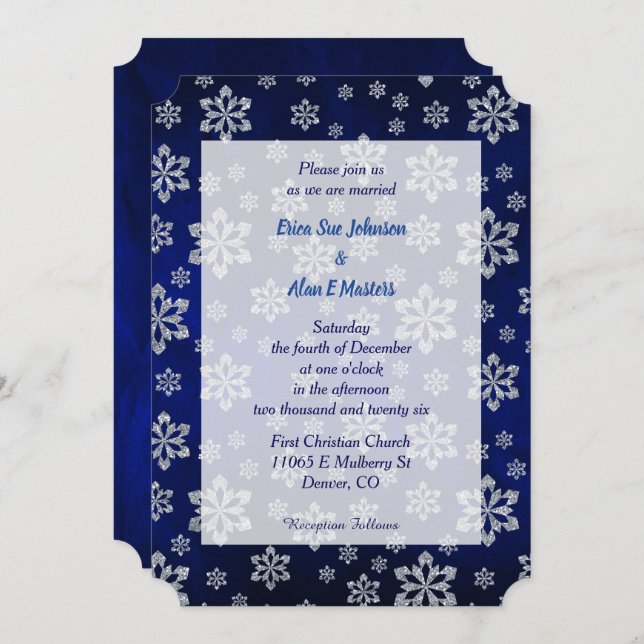 Blue Glow Silver Snowflake Wedding Invitation (Front/Back)