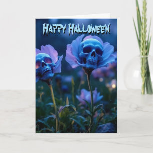 Blue Glow Skull Halloween Flowers Card