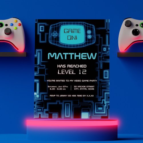 Blue Glow Video Game Console Birthday Party Invitation