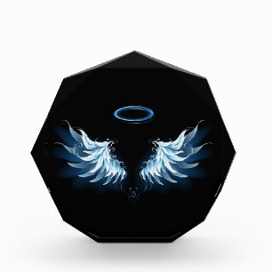 Blue Glowing Angel Wings on black background Acrylic Award