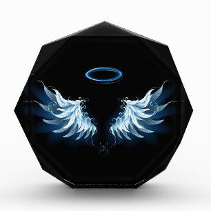 Blue Glowing Angel Wings on black background Acrylic Award