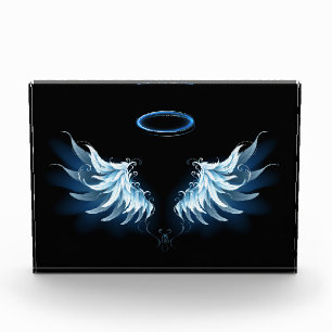 Blue Glowing Angel Wings on black background Acrylic Award