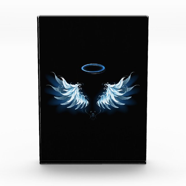 Blue Glowing Angel Wings on black background Acrylic Award (Front)